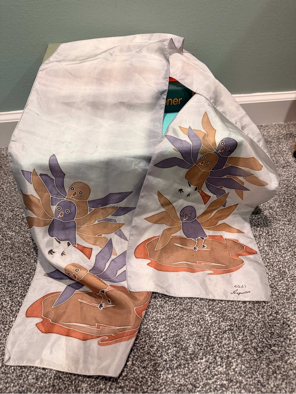 Silk Bird Print Decorative Scarf - Light Blue, Tan & Purple